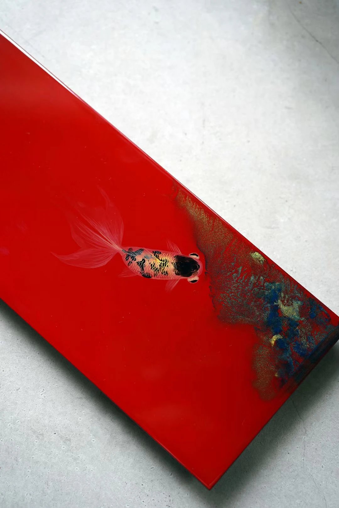 正红标地金鱼手绘茶盘（小）