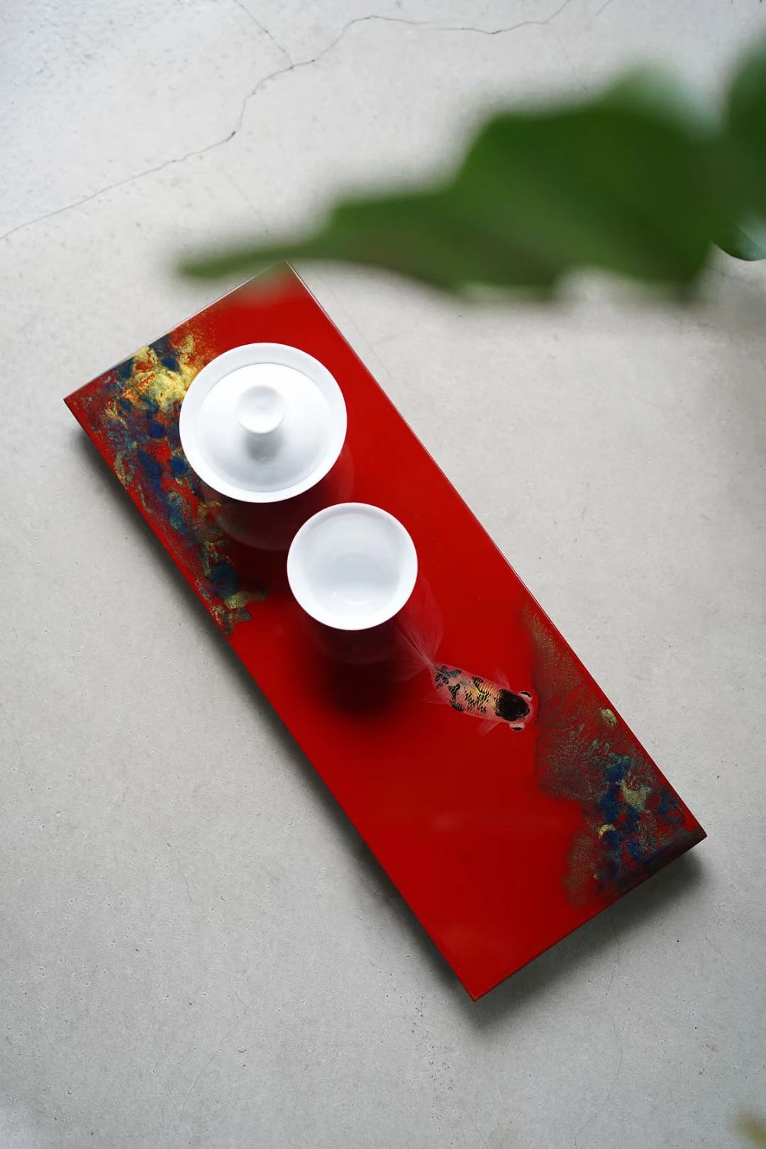 正红标地金鱼手绘茶盘（小）