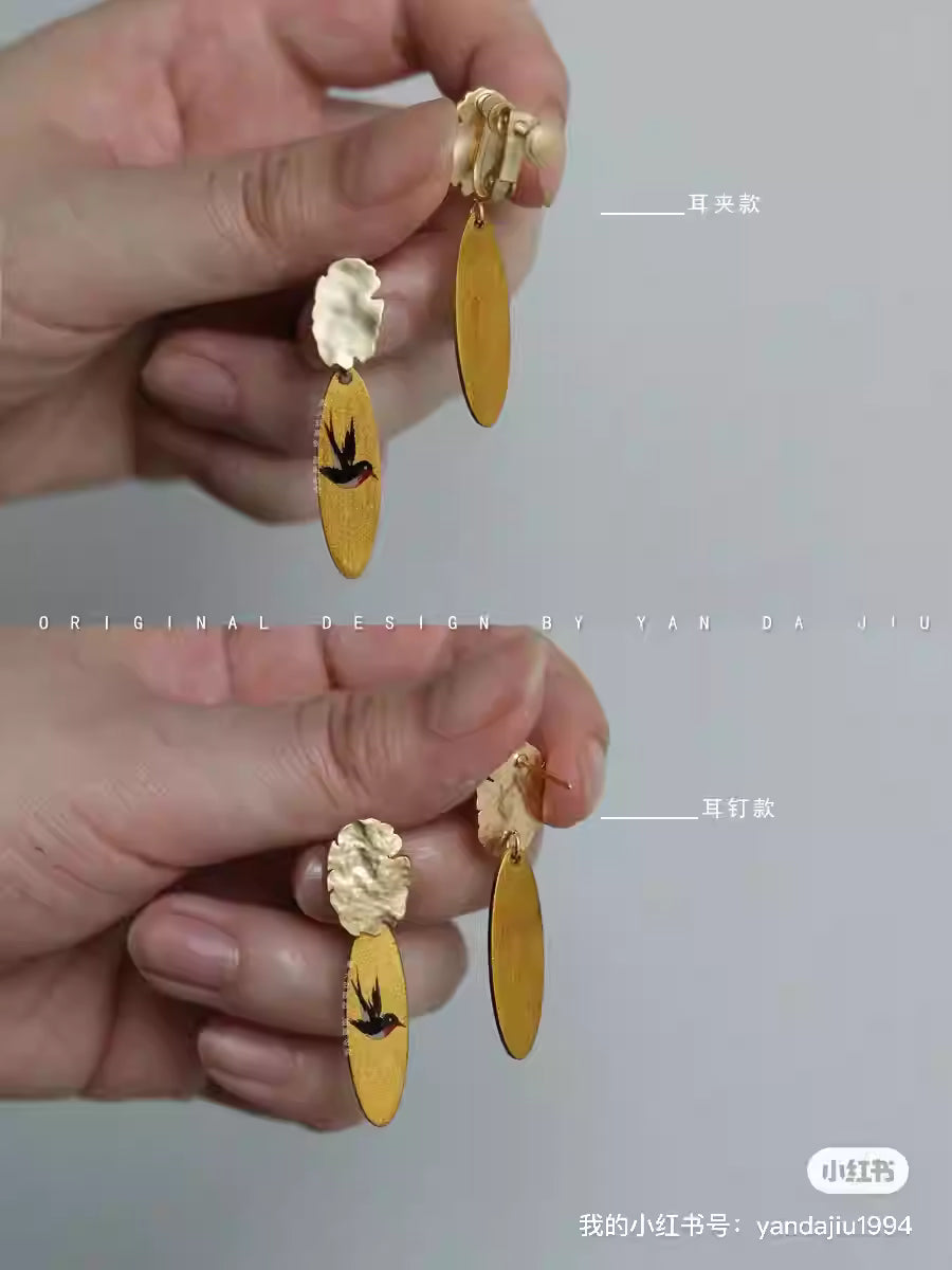 大漆工艺手绘飞燕新中式耳环-手作铜胎漆器