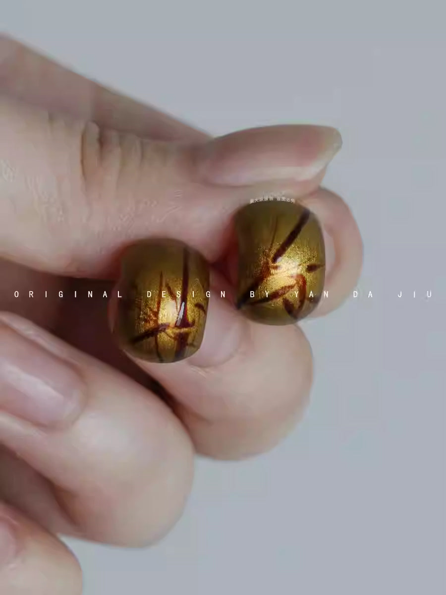 《青花·竹》大漆彩绘竹纹925银迷你小耳钉-银胎漆器