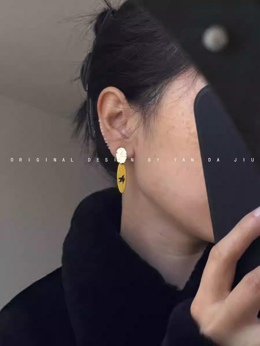 大漆工艺手绘飞燕新中式耳环-手作铜胎漆器