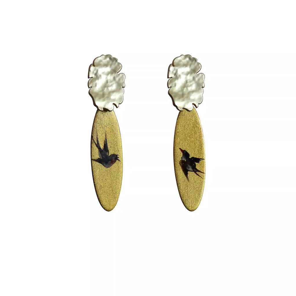 大漆工艺手绘飞燕新中式耳环-手作铜胎漆器