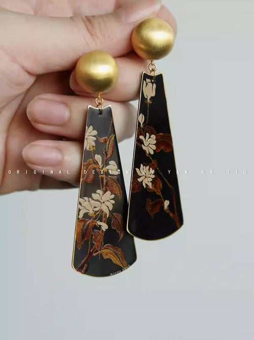《夏茉莉》大漆工艺手绘花卉新中式耳环手作铜胎漆器