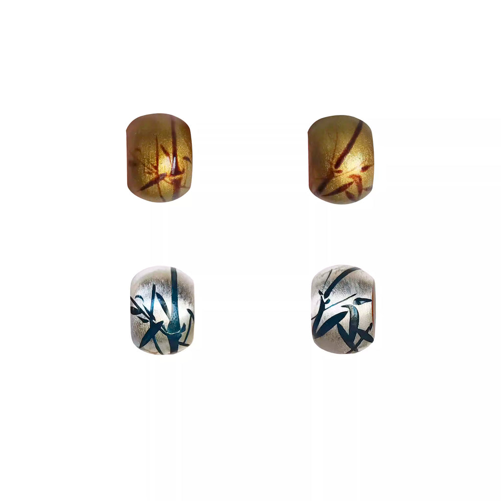 《青花·竹》大漆彩绘竹纹925银迷你小耳钉-银胎漆器