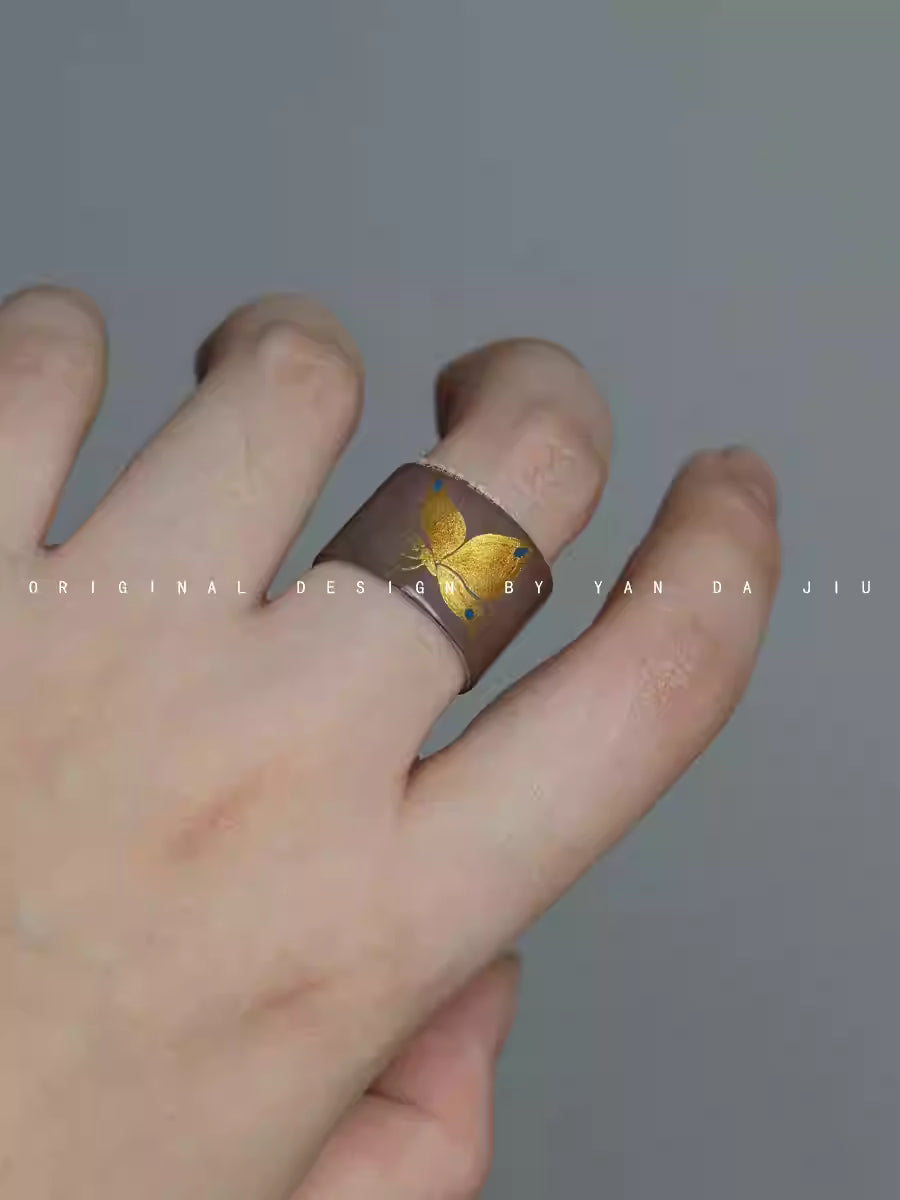 《斑蝶》大漆描金手绘蝴蝶紫色925银戒指-手作银胎漆器