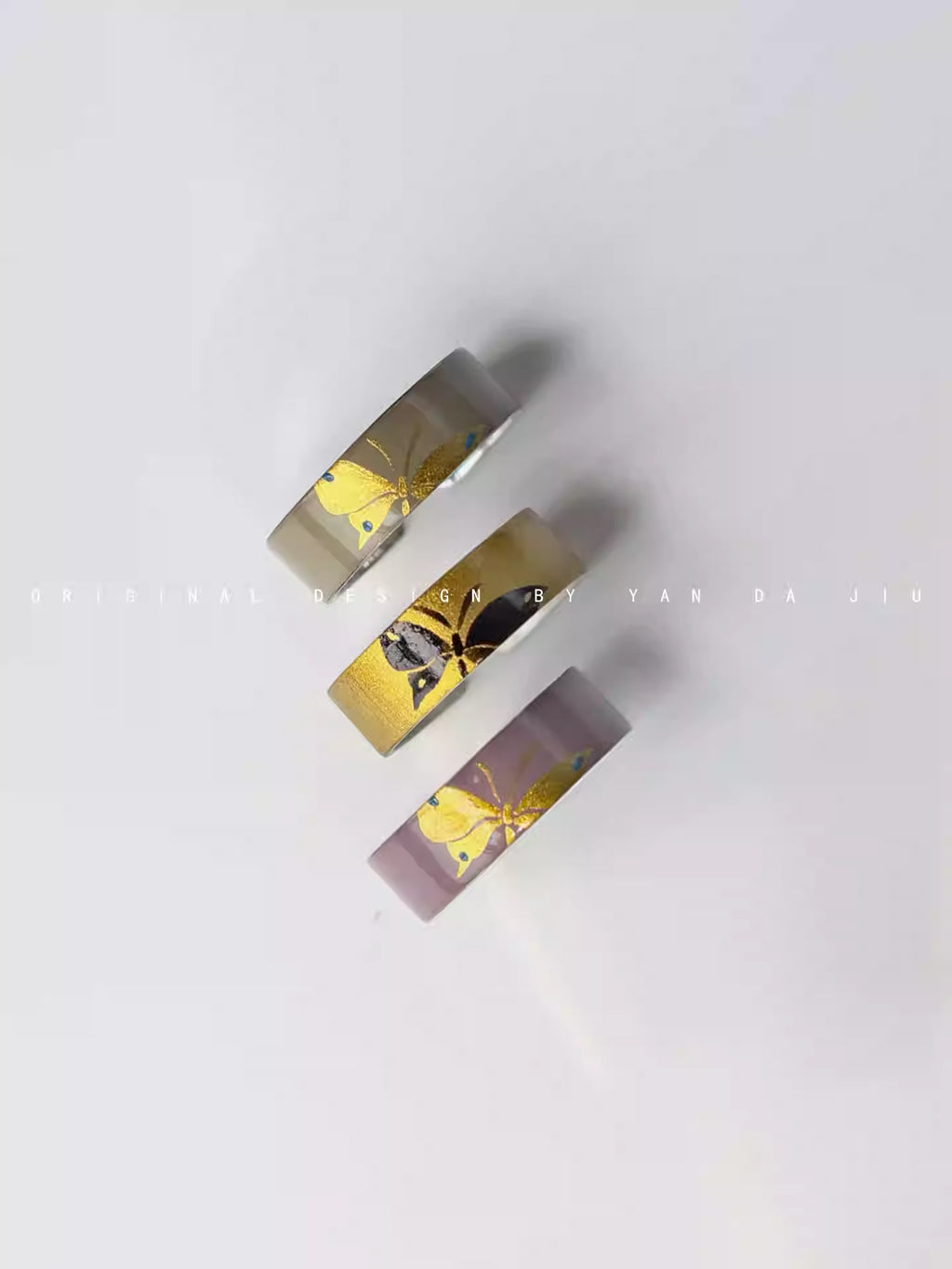 《斑蝶》大漆描金工艺手绘蝴蝶925银戒指-手作银胎漆器