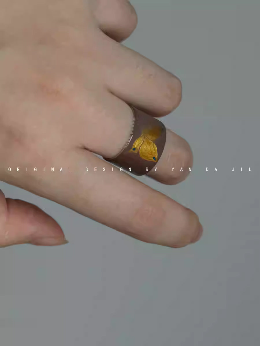 《斑蝶》大漆描金手绘蝴蝶紫色925银戒指-手作银胎漆器