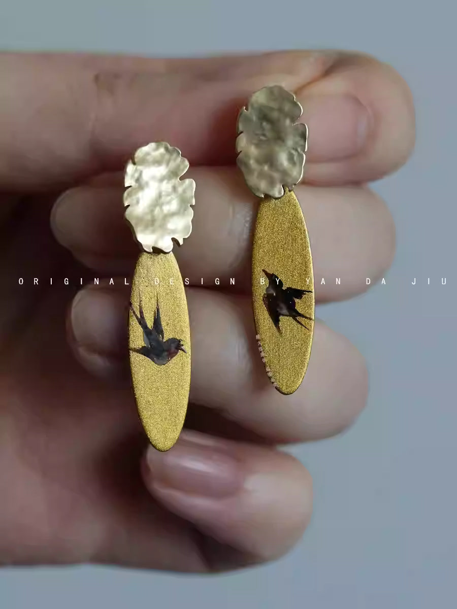 大漆工艺手绘飞燕新中式耳环-手作铜胎漆器