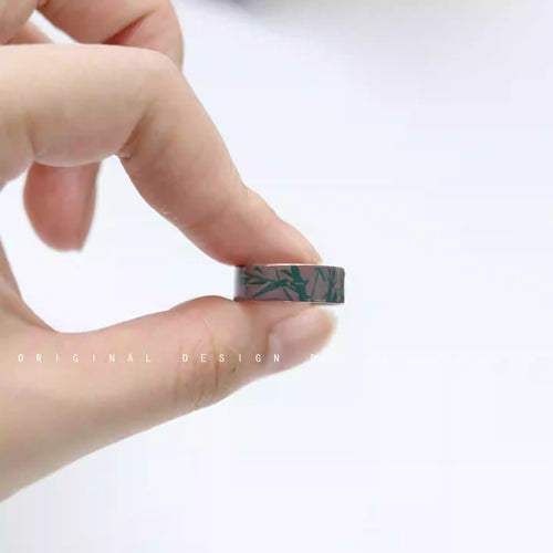 《竹》大漆彩绘工艺手绘竹纹新中式银戒指手作银胎漆器