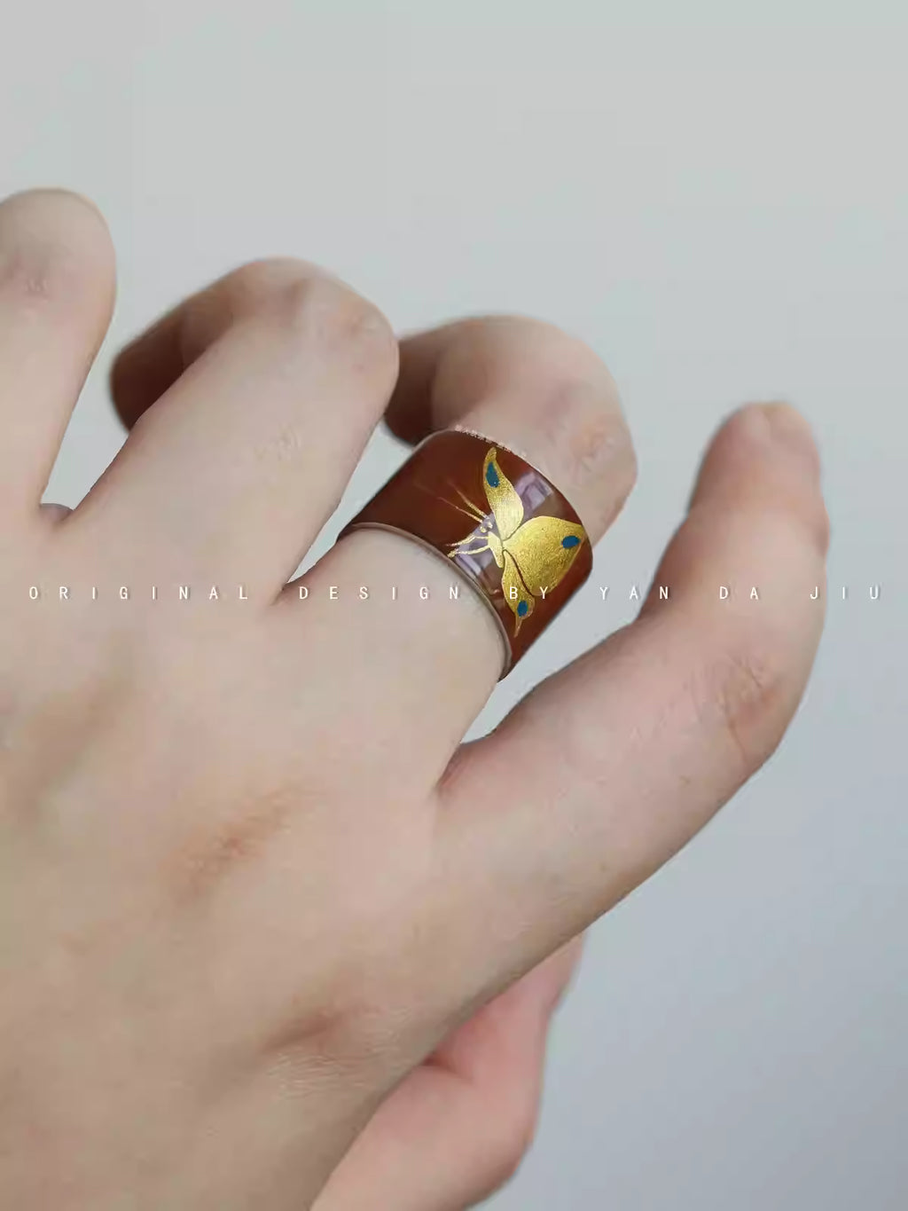 《斑蝶》大漆描金手绘蝴蝶紫色925银戒指-手作银胎漆器