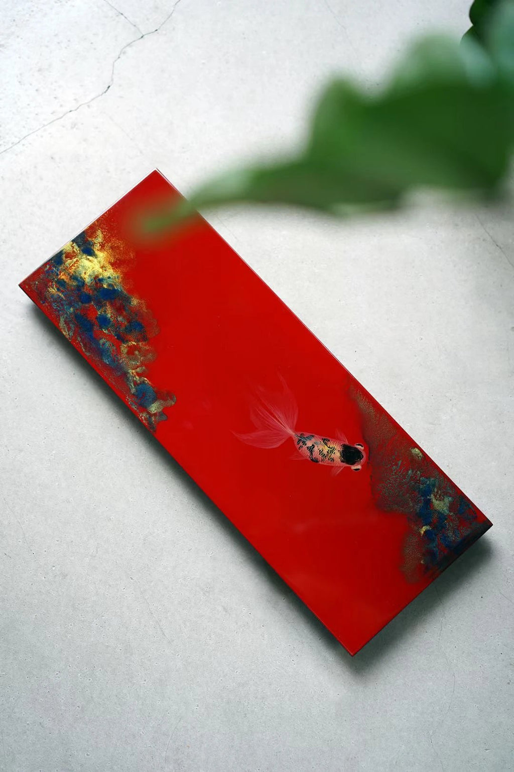 正红标地金鱼手绘茶盘（小）